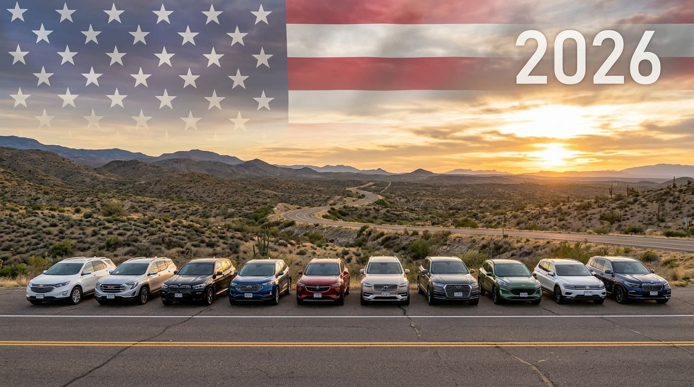 Американские кроссоверы стоят в доль дороги на закате