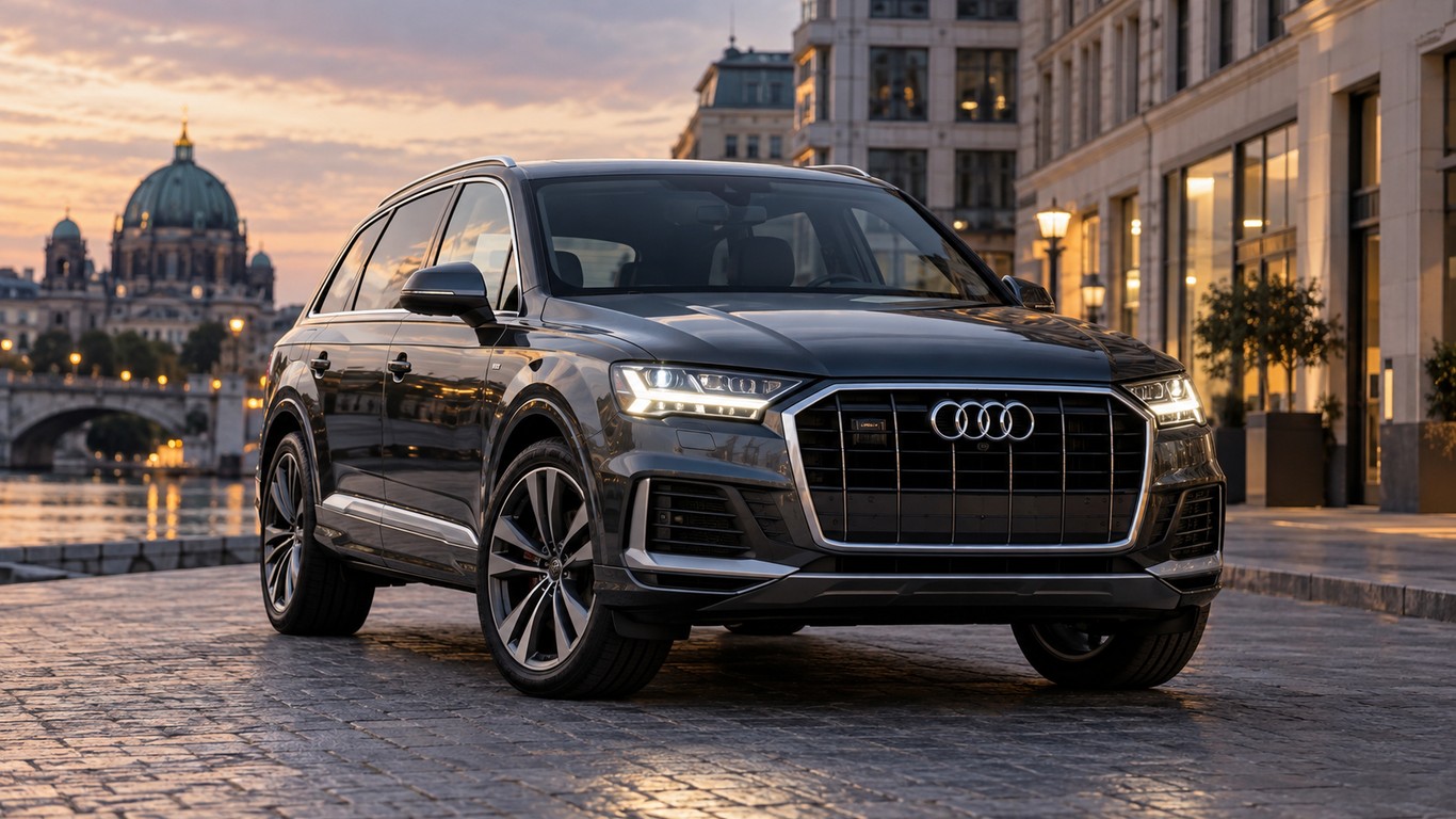 Audi Q7 2019–2023 на городской улице вечером