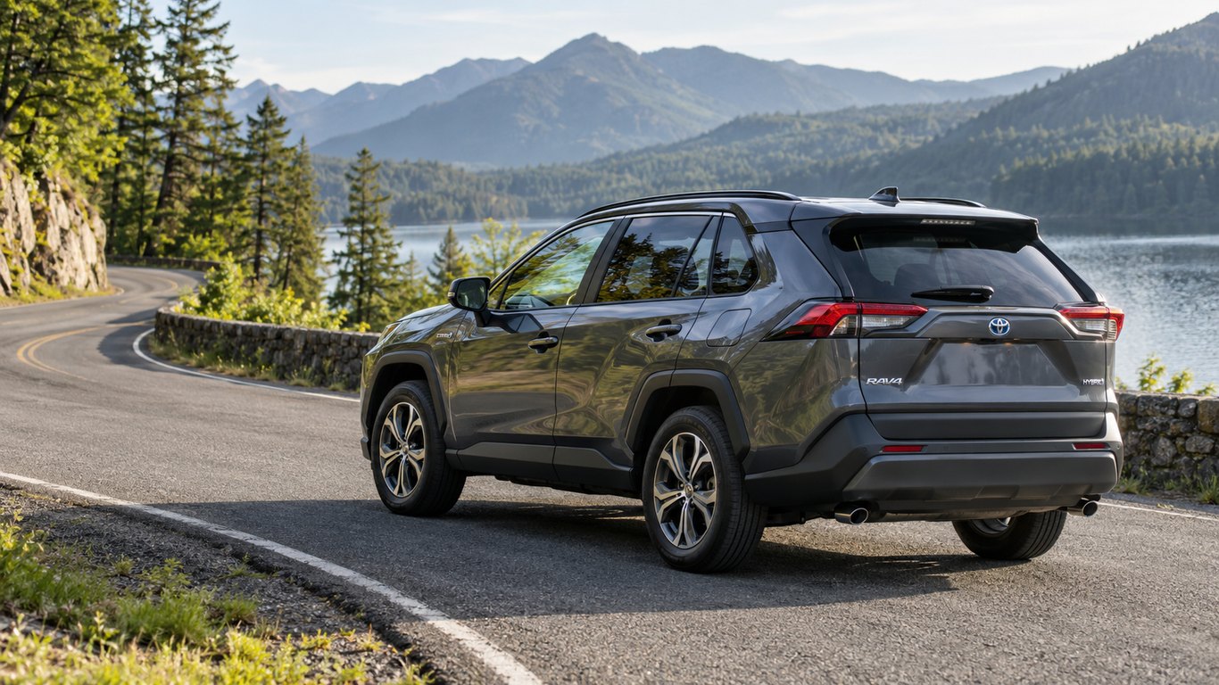 Toyota RAV4 Hybrid 2017–2022 на горной дороге у озера