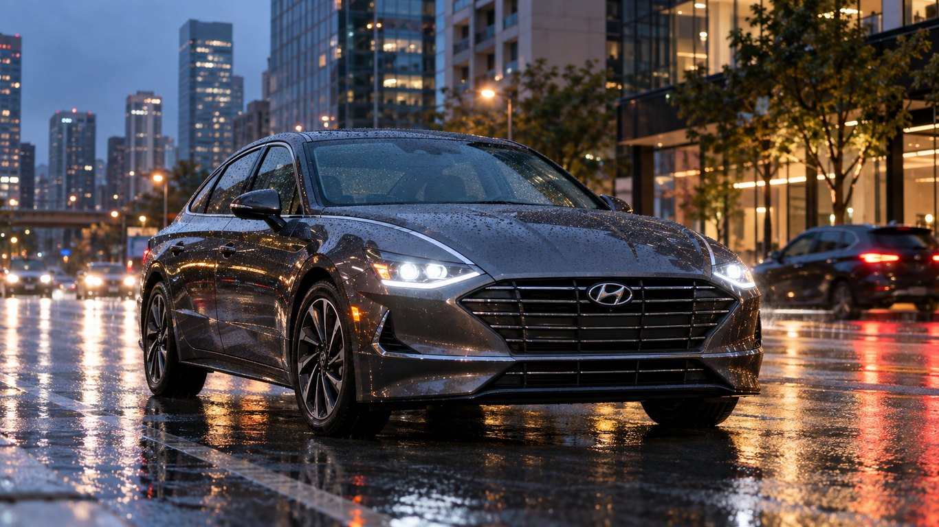 Hyundai Sonata 2018–2022 на мокром городском проспекте