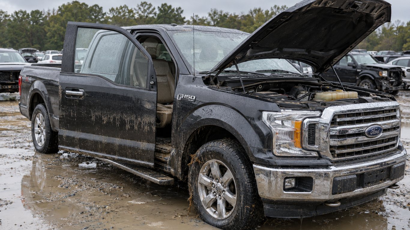 Ford F-150 с признаками воздействия воды на площадке поврежденных автомобилей