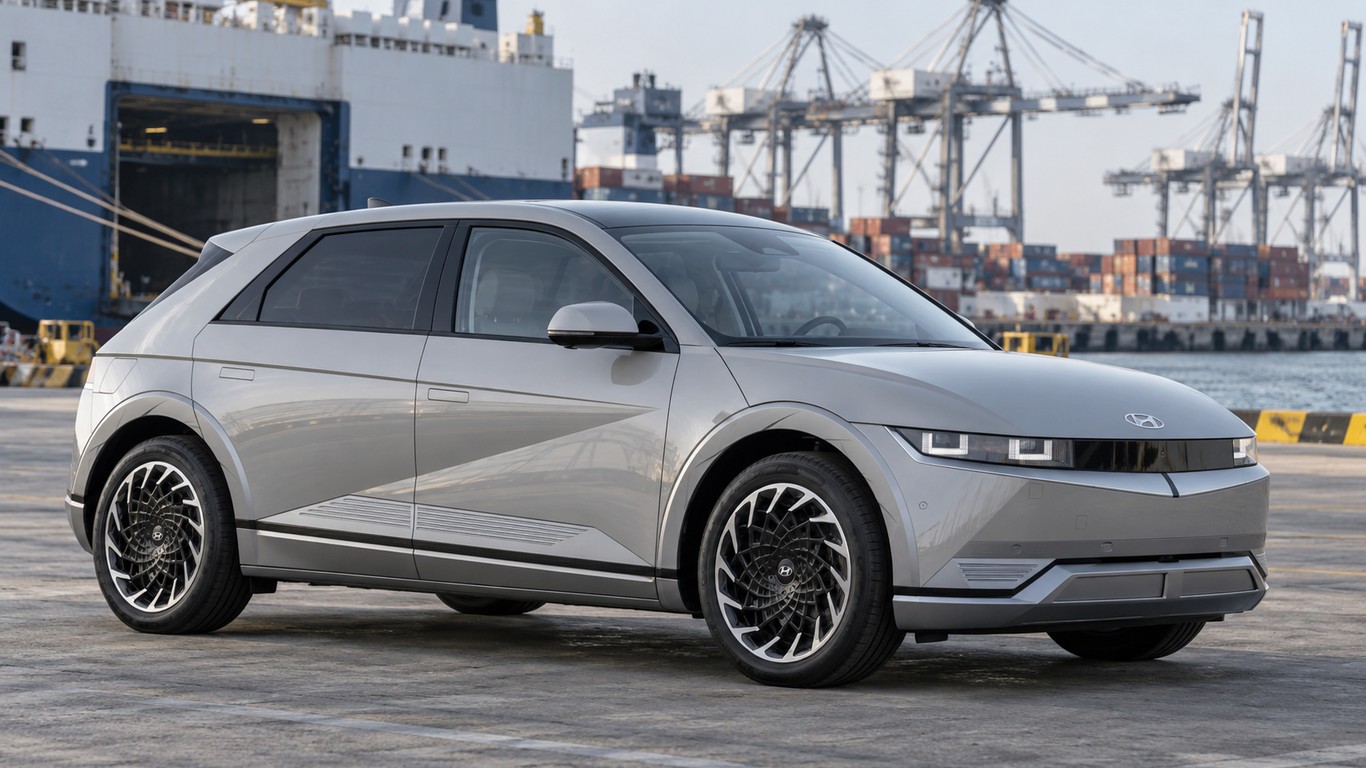 Электромобиль Hyundai Ioniq 5 на площадке для таможенного оформления и импорта