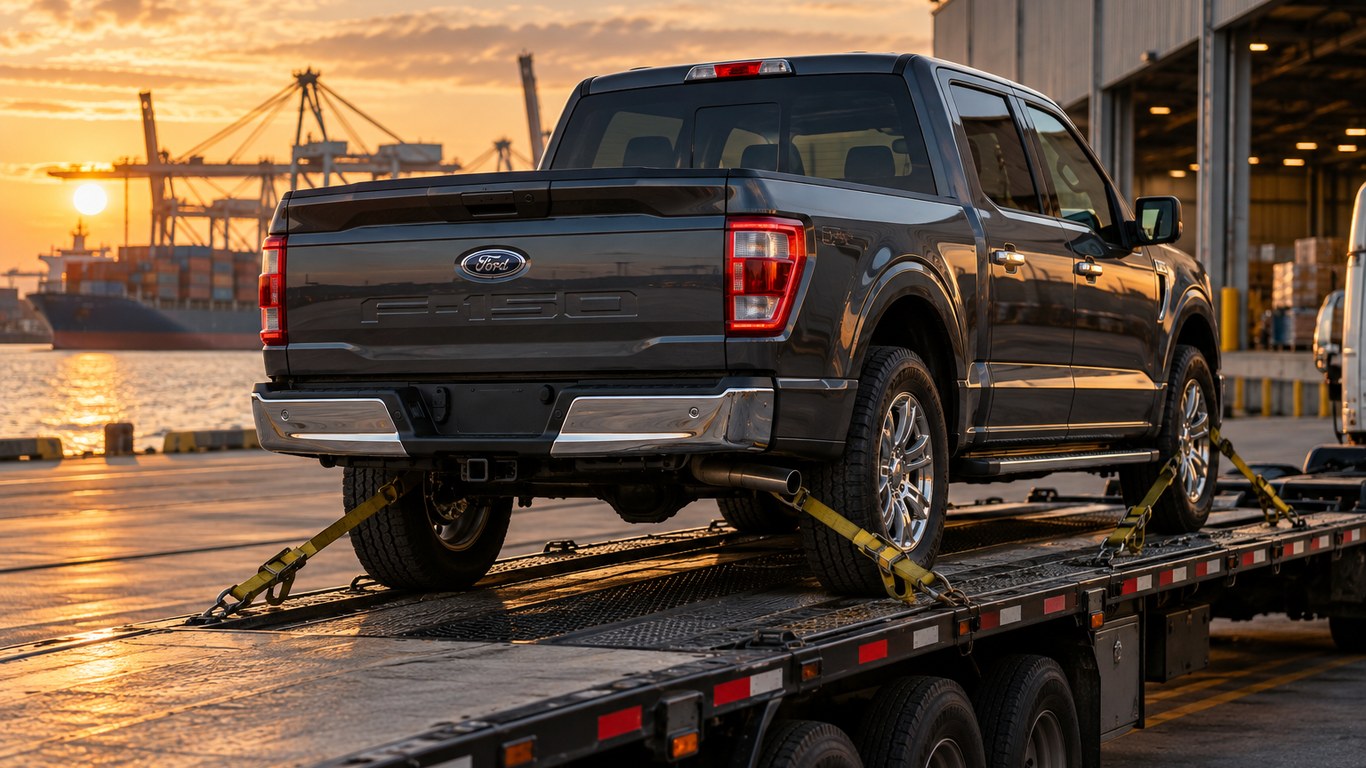 Ford F-150, закреплённый на транспортной платформе для доставки из США