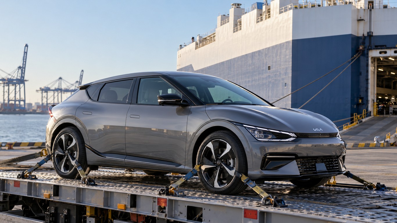 Kia EV6 на транспортной платформе для международной доставки из США