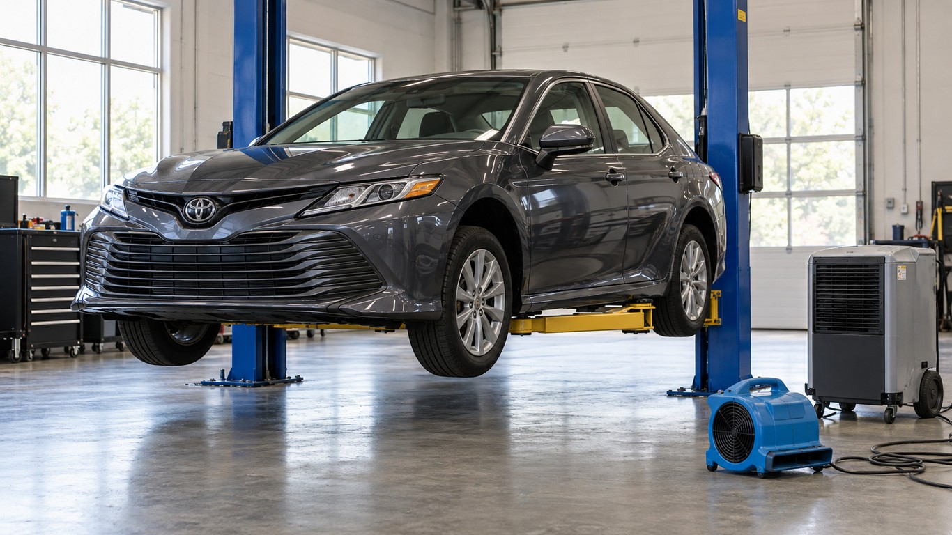 Toyota Camry на подъемнике с осушителем после попадания воды