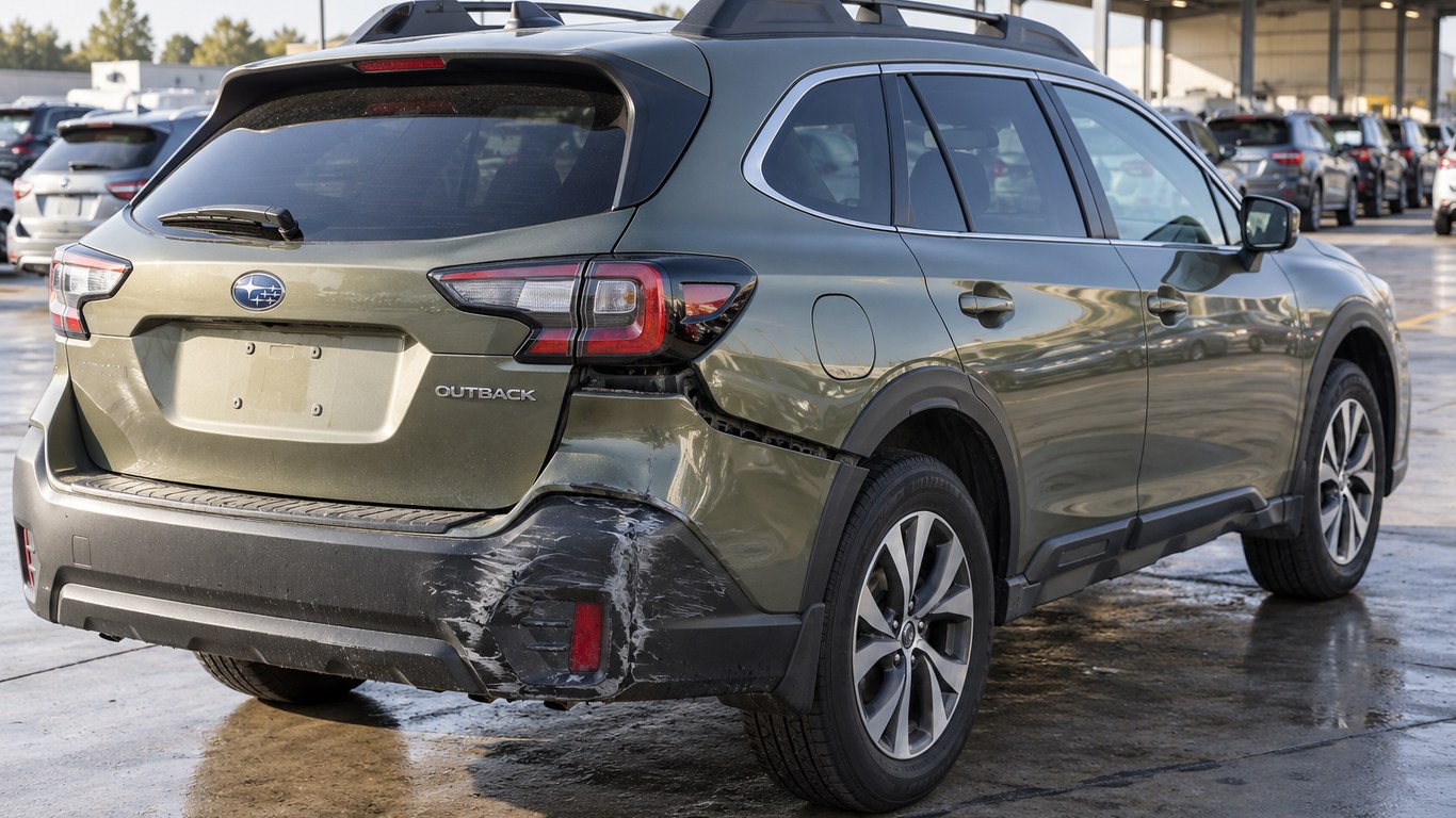 Subaru Outback с повреждением заднего бампера на инспекционной линии