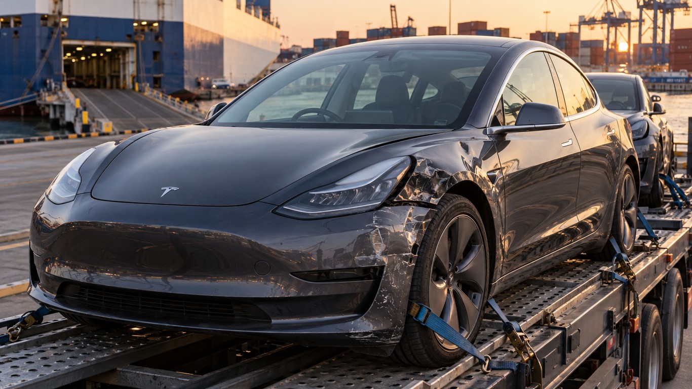 Tesla Model 3 с повреждением крыла на автовозе в порту
