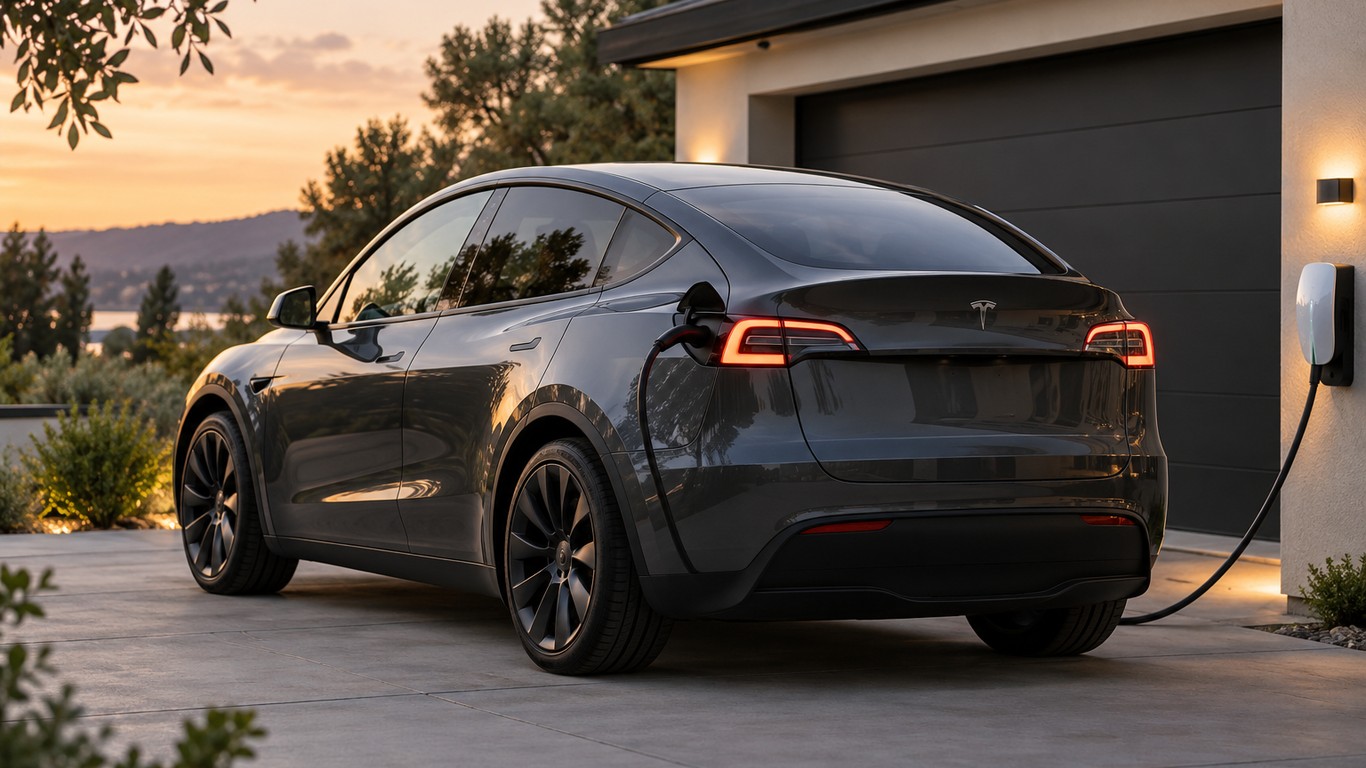 Tesla Model Y у домашней зарядной станции