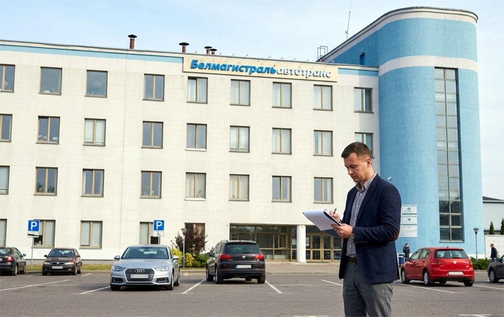 Мужчина в синем пиджаке на парковке у здания Белмагистральавтотранс что-то пишет в документах.