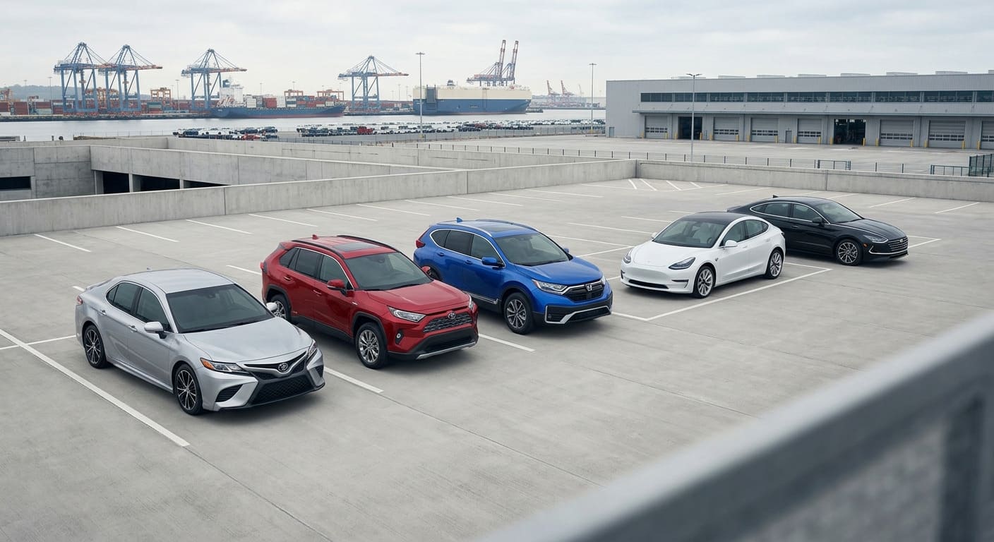 Пять популярных моделей авто из США: Toyota Camry, Toyota RAV4 Hybrid, Honda CR-V, Tesla Model 3 и Hyundai Sonata на парковке в порту